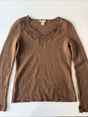 100% Cashmere Brown Lace-Trim V-Neck Sweater